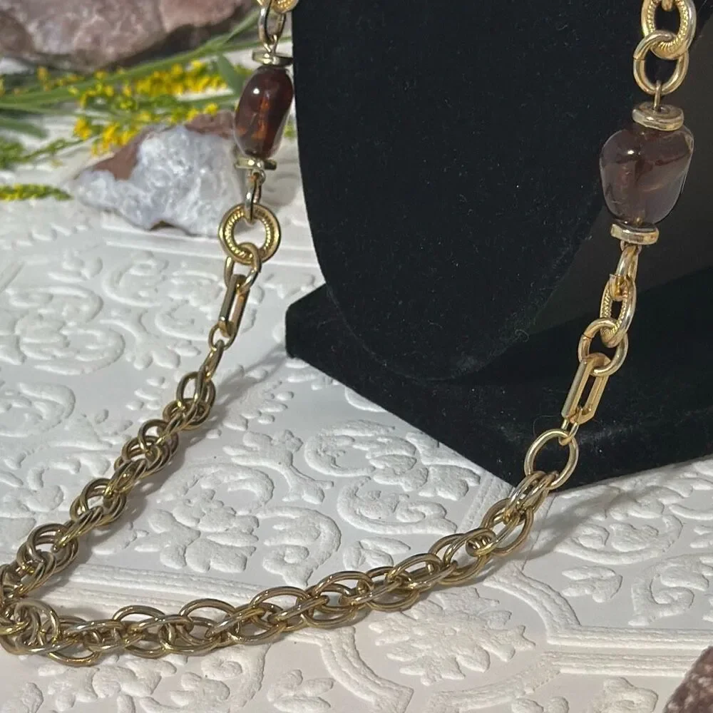 Vintage Gold Tone Long Chunky Chain Necklace With‎ Faux Amber Beads 30”